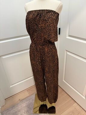 Lulu's Strapless Brown & Black Printed Jumpsuit